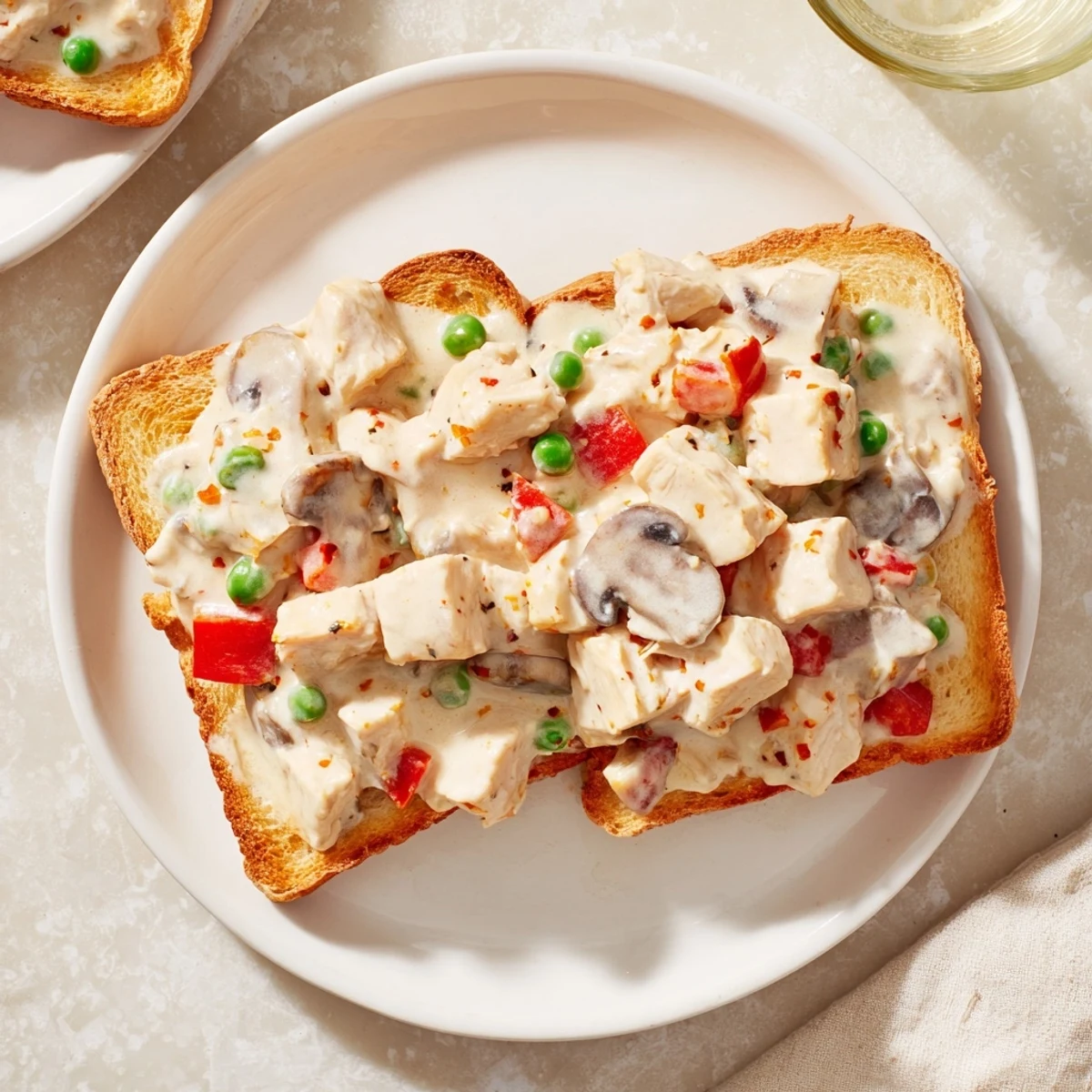 A close-up of chicken à la king, showcasing the tender chicken and savory sauce on toast.