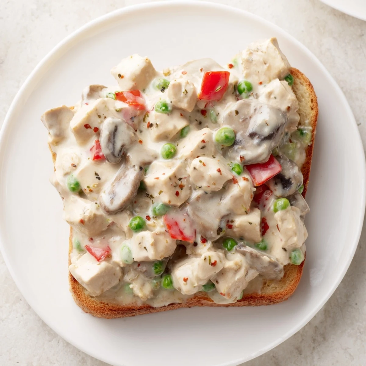 Warm chicken à la king over buttered toast, a hearty meal with cooked chicken and vegetables.