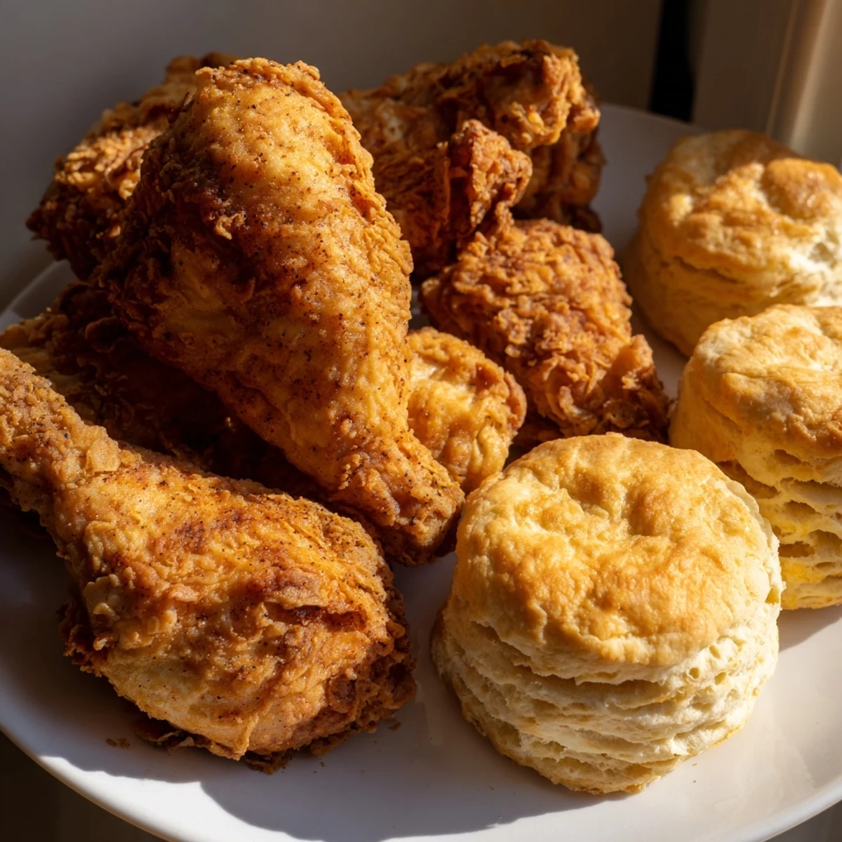 Golden-brown Southern Fried Chicken served with warm buttermilk biscuits, a comforting feast.