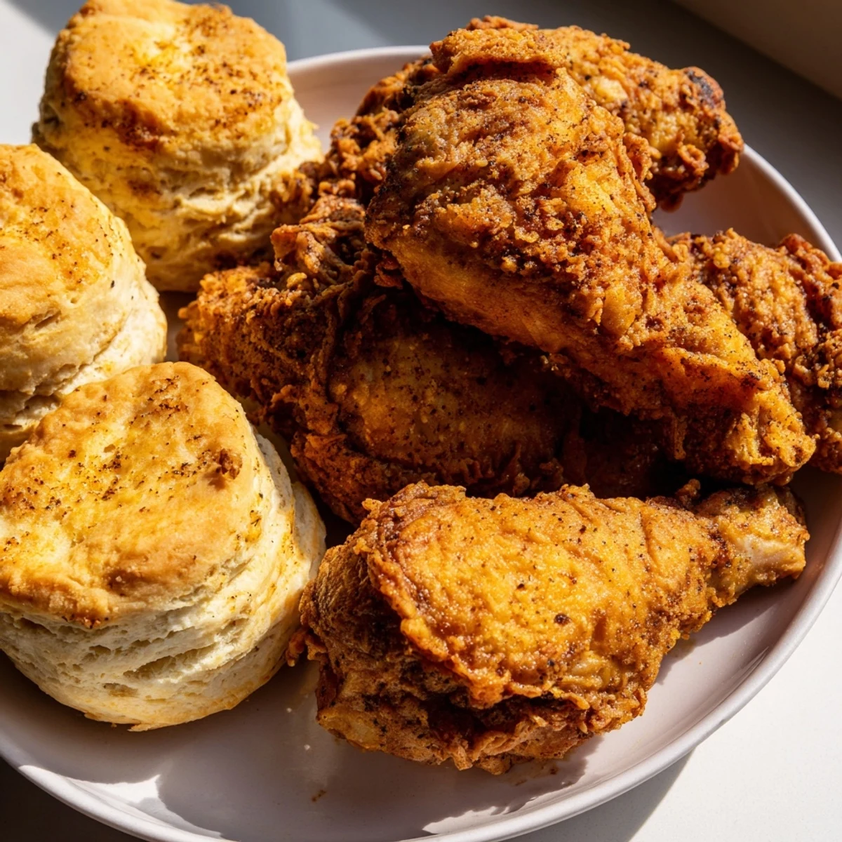 Pile of crispy Southern Fried Chicken and light, fluffy buttermilk biscuits ready to be enjoyed.