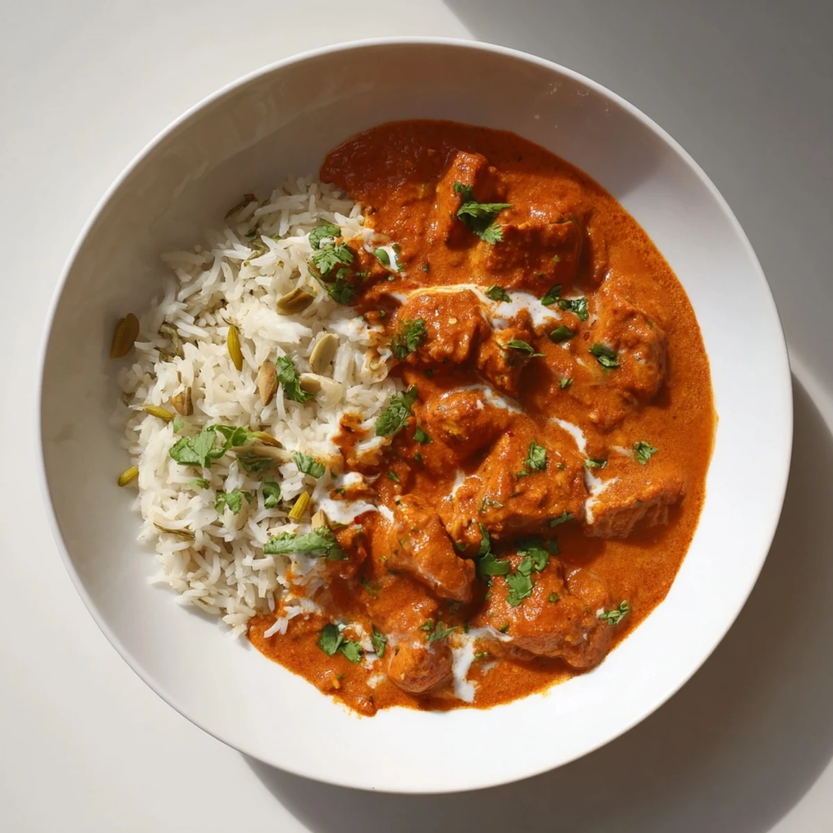 Golden butter chicken glistening with a creamy sauce next to fragrant basmati rice pilaf.