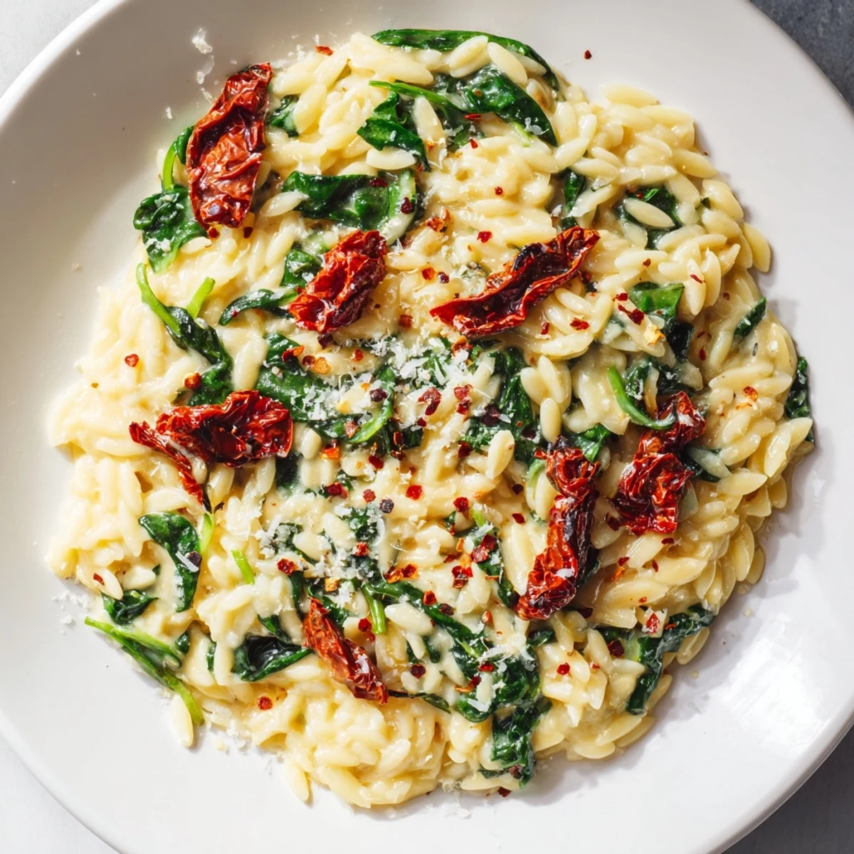 Creamy Tuscan Orzo Bowl with vibrant spinach and sun-dried tomatoes, ready to serve with Parmesan.