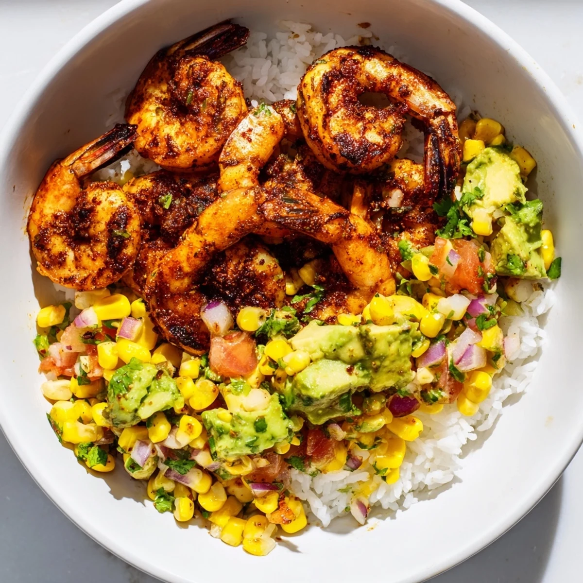 A colorful Easy Grilled Shrimp Bowl; imagine the smoky shrimp alongside creamy avocado and sweet corn.