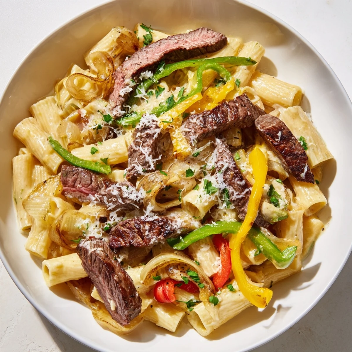 Philly Cheese Steak Pasta glistening with melted cheese, beef, and colorful bell peppers.