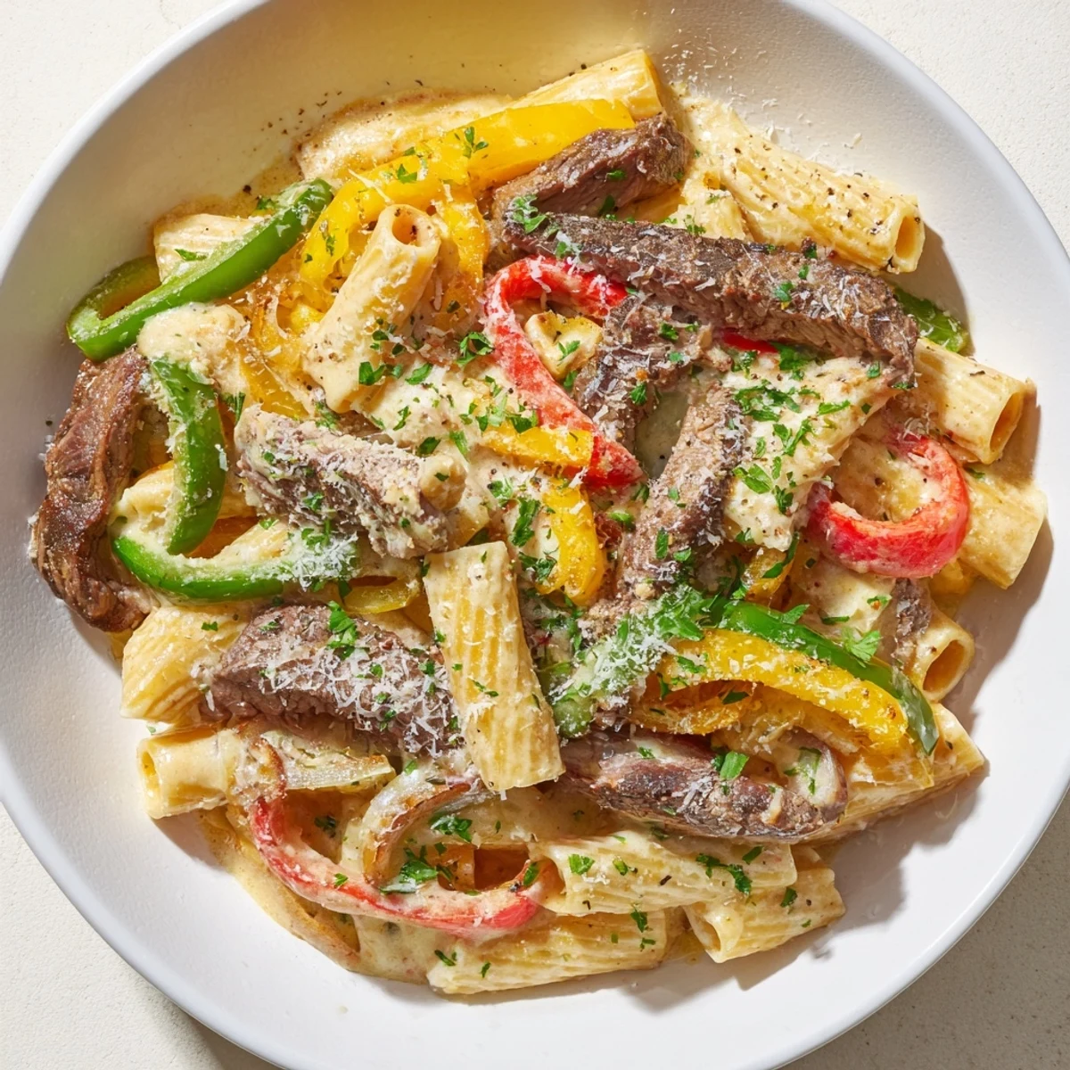 Tender beef, onions, and peppers mingle in a creamy Philly Cheese Steak Pasta sauce.