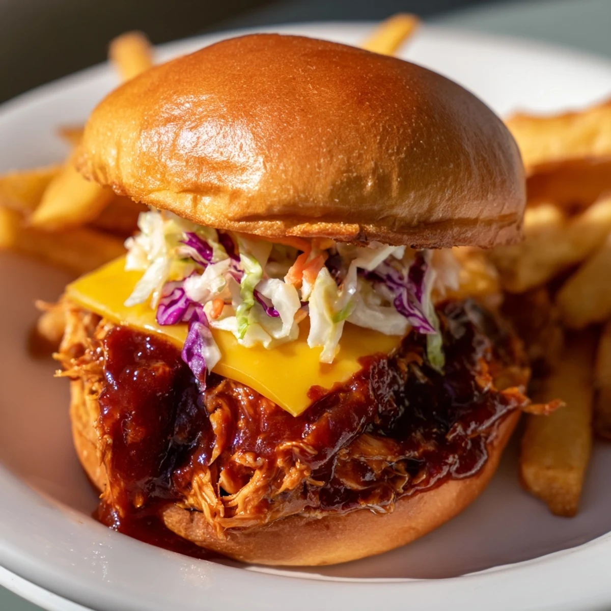 Shredded BBQ Chicken Sliders on soft buns alongside golden, crispy fries, a delicious American meal.