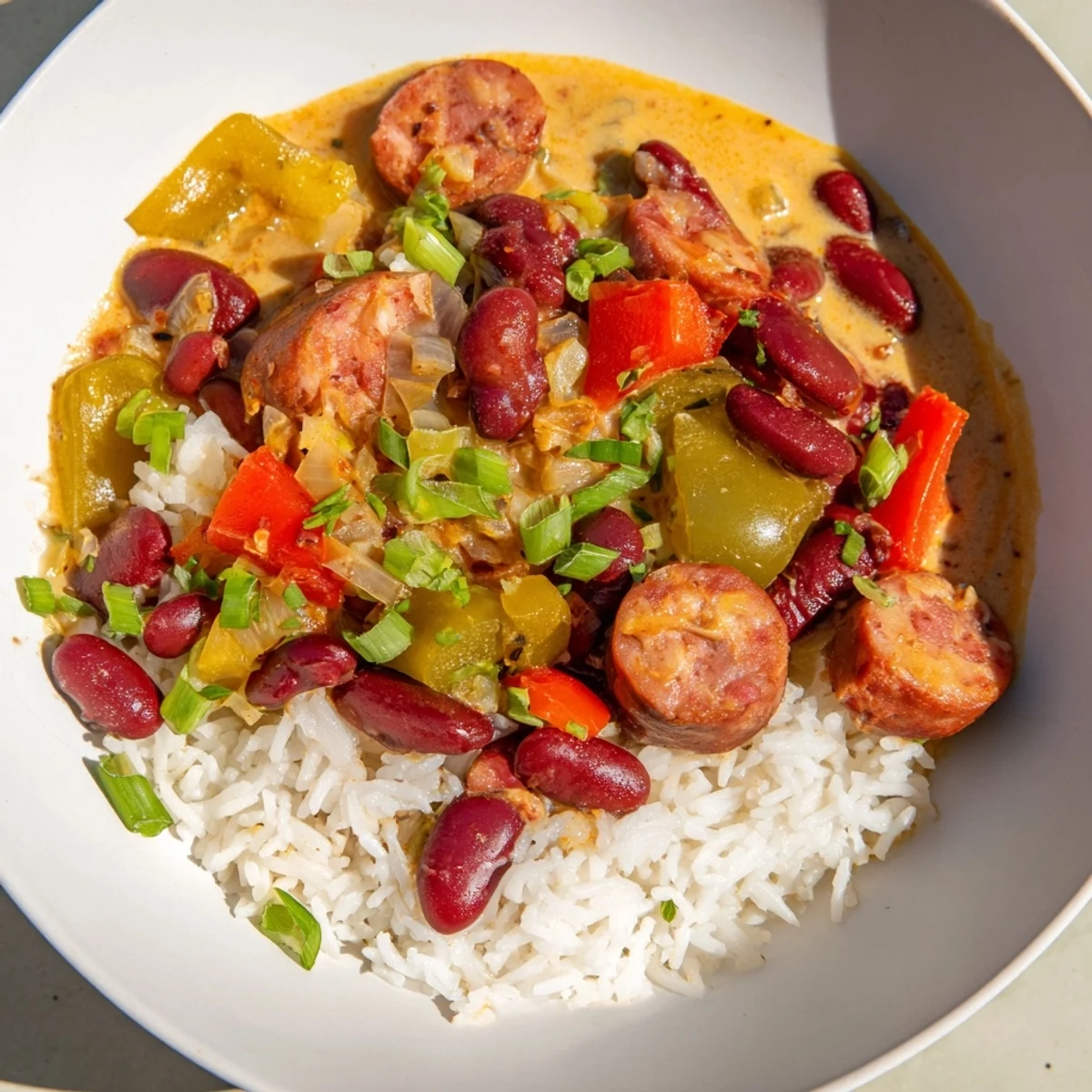 Steaming bowl of Red Beans & Rice, a Creole classic with sausage and fluffy white rice.