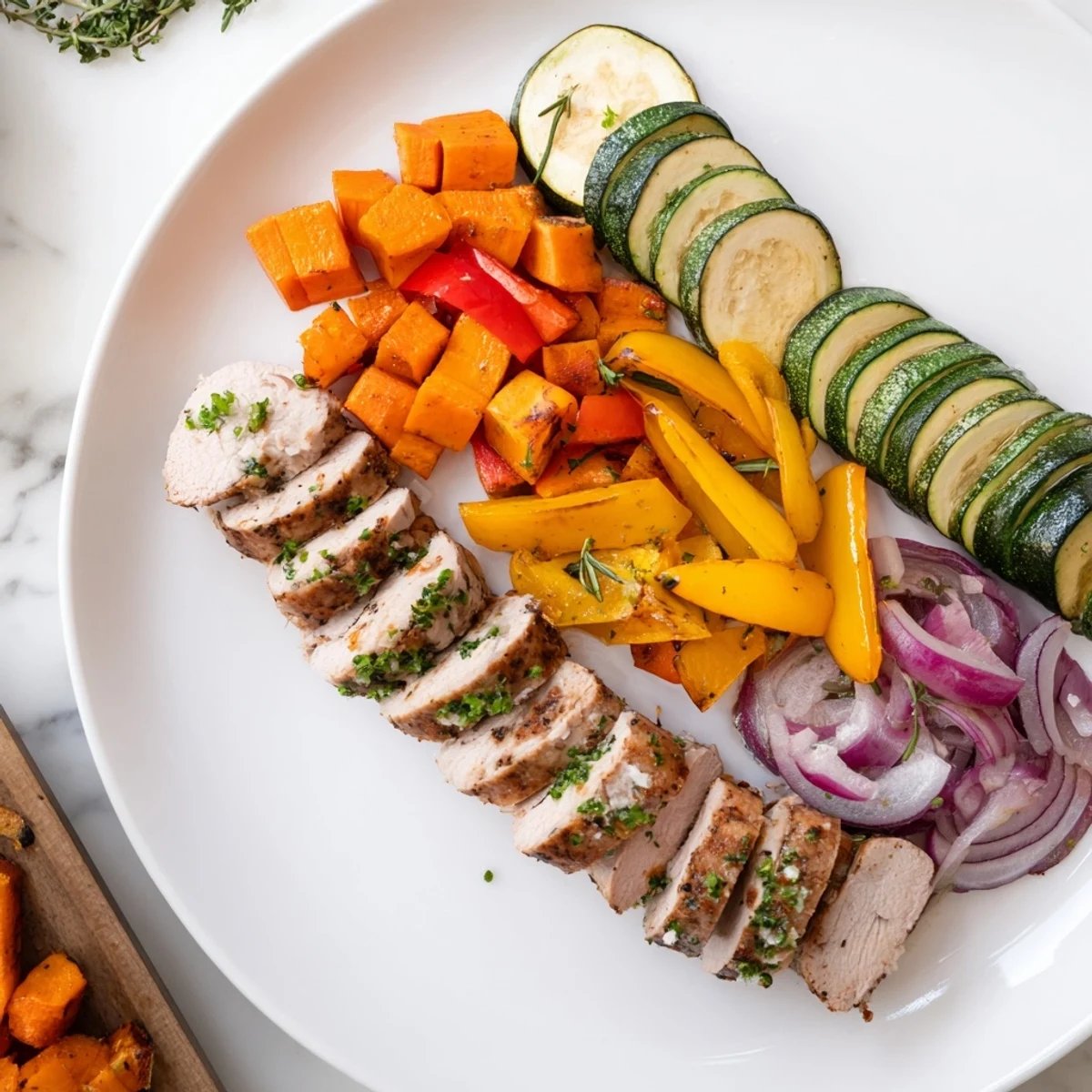 Perfectly roasted garlic pork tenderloin sits next to colorful, caramelized vegetables on a baking sheet.