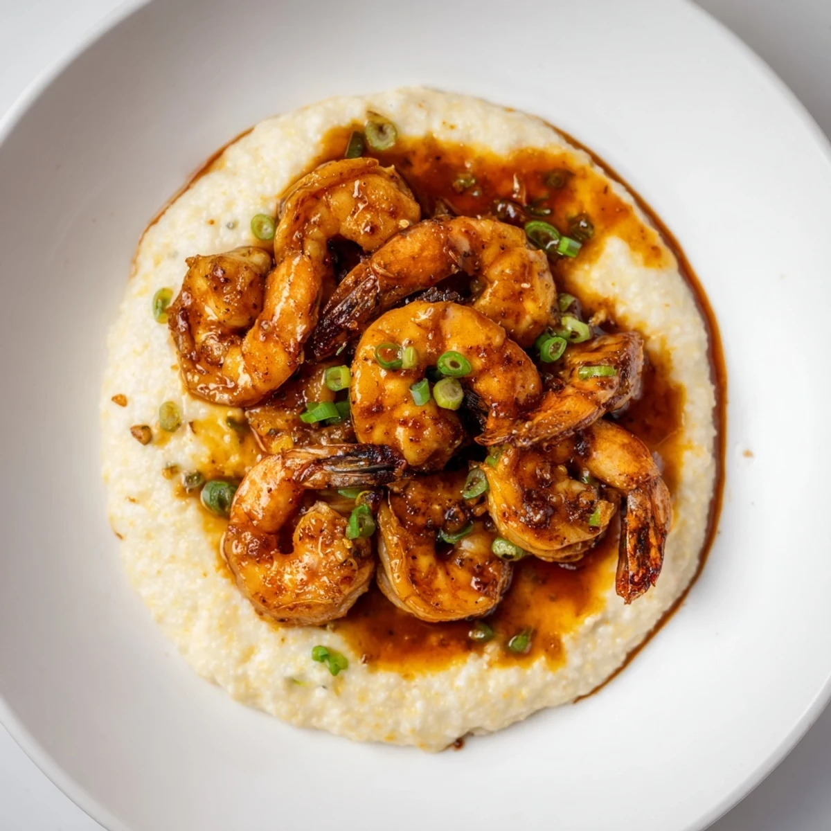 Creamy, cheesy grits topped with succulent sautéed shrimp in luscious garlic butter.