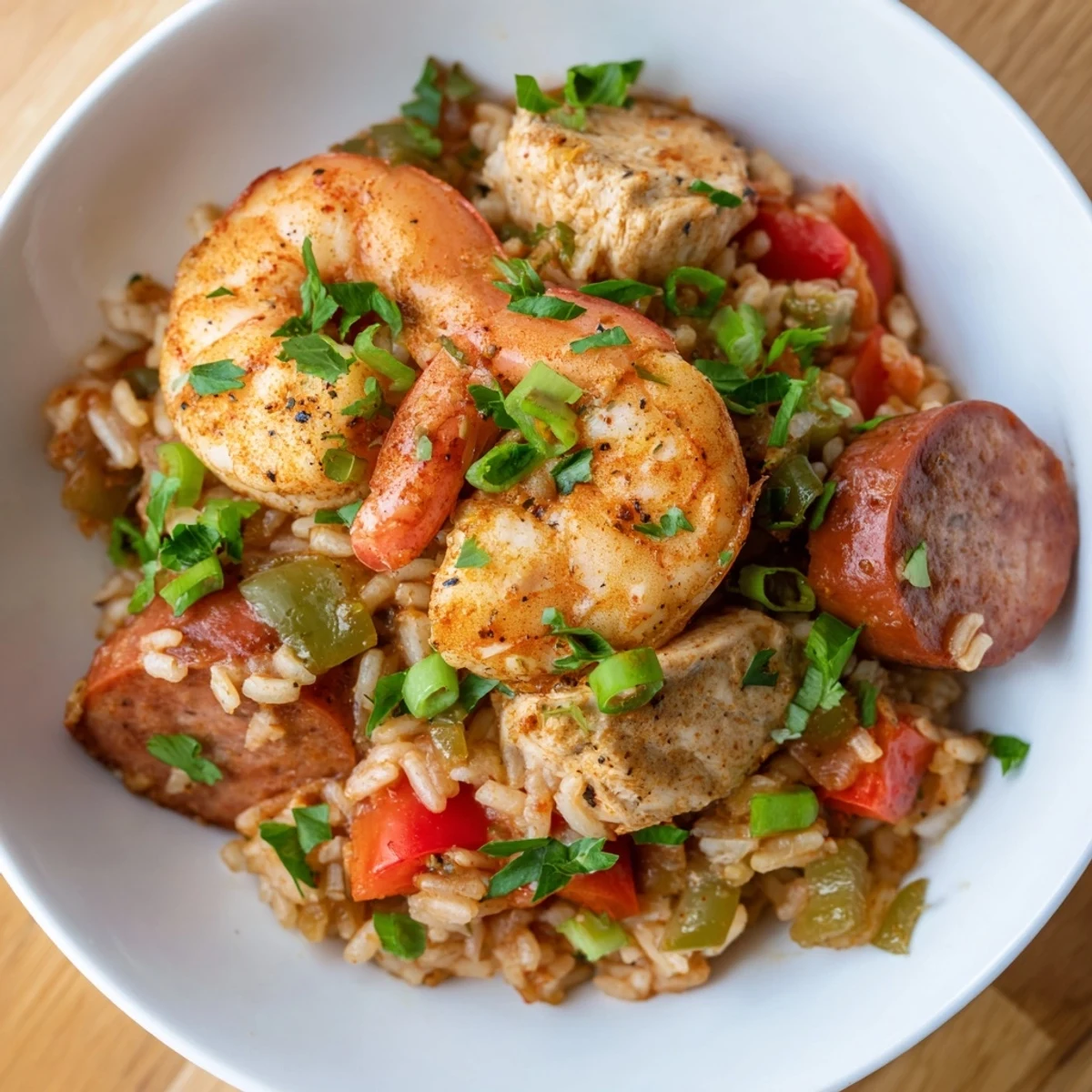 Flavorful Cajun Jambalaya Rice Bowl with shrimp, sausage, and colorful bell peppers, ready to eat.