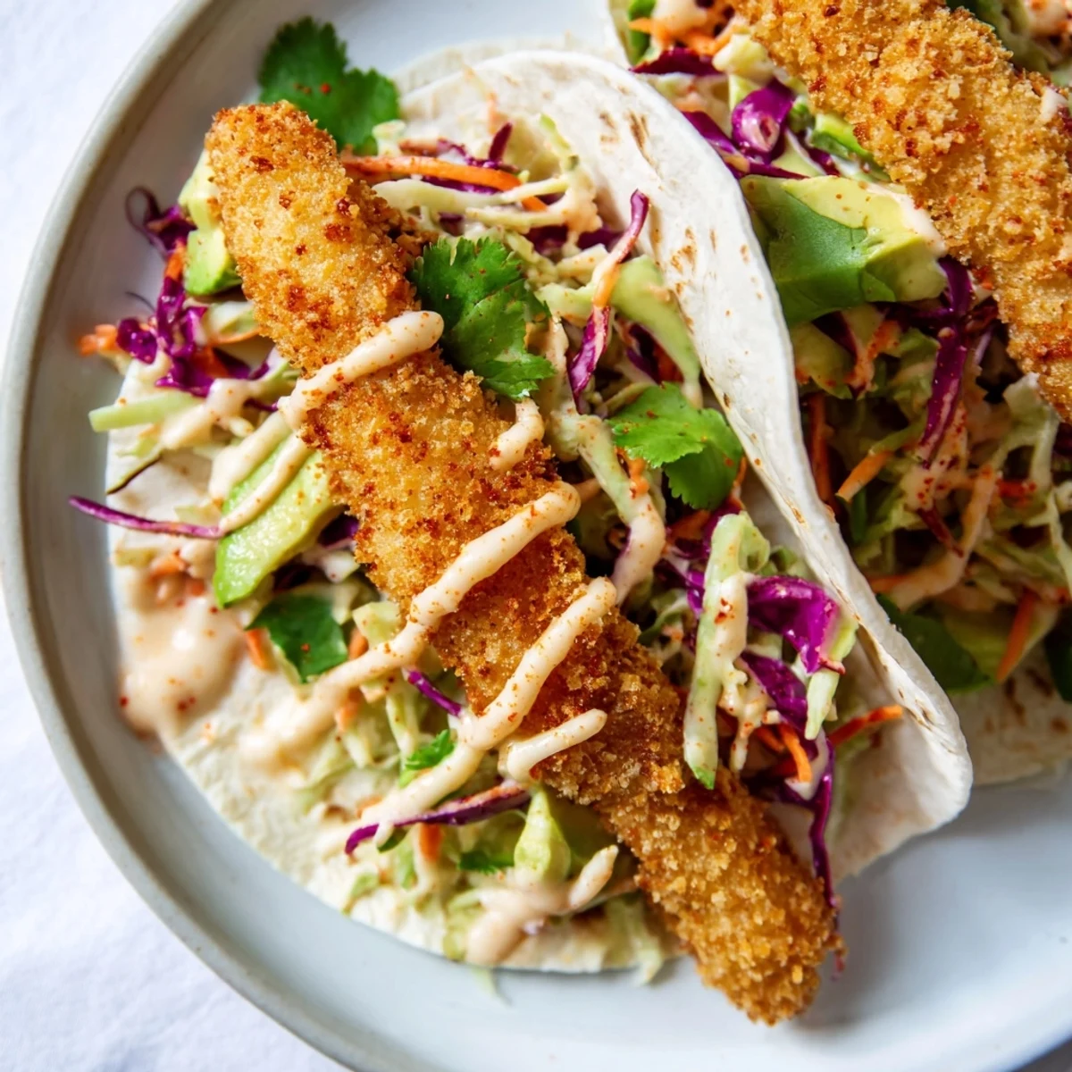 Golden, fried Crispy Fish Tacos with a bright, colorful slaw, ready to be assembled.