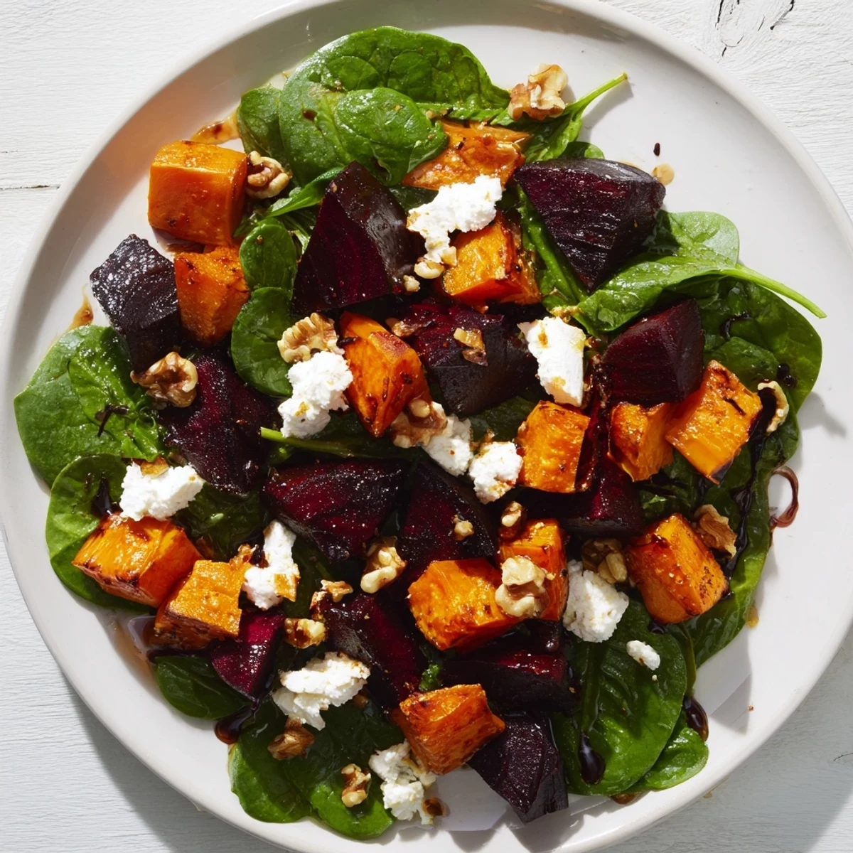 A generous serving of fresh, flavorful Roasted Beet, Butternut & Spinach Salad with balsamic dressing.