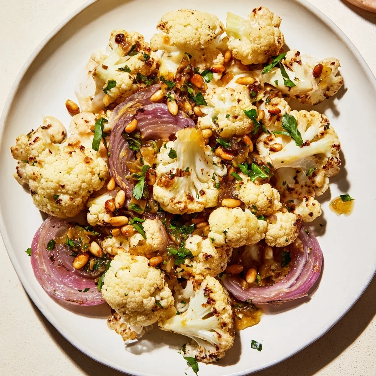 Golden-brown, roasted cauliflower salad tossed with bright, zesty lemon pine-nut dressing.