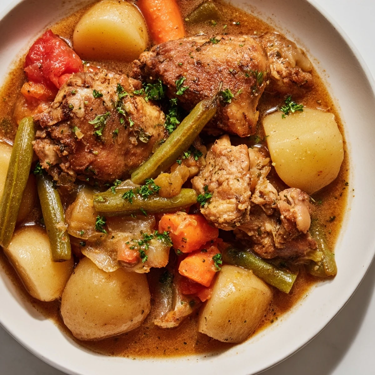A steaming bowl of slow-cooker chicken & vegetable stew, perfect for a cozy, comforting dinner.