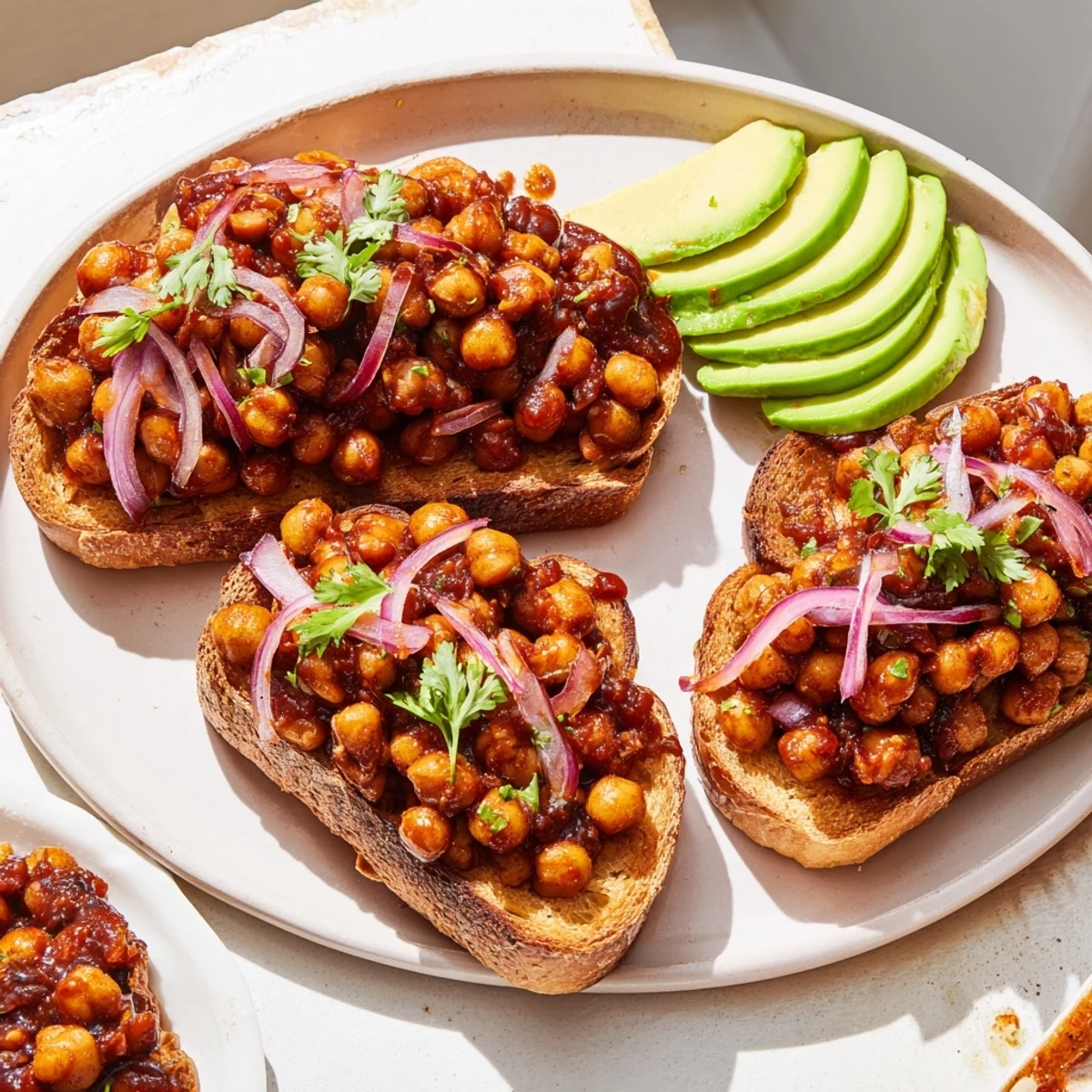 Golden, crispy toast piled high with smoky BBQ chickpeas, offering a hearty vegetarian lunch.