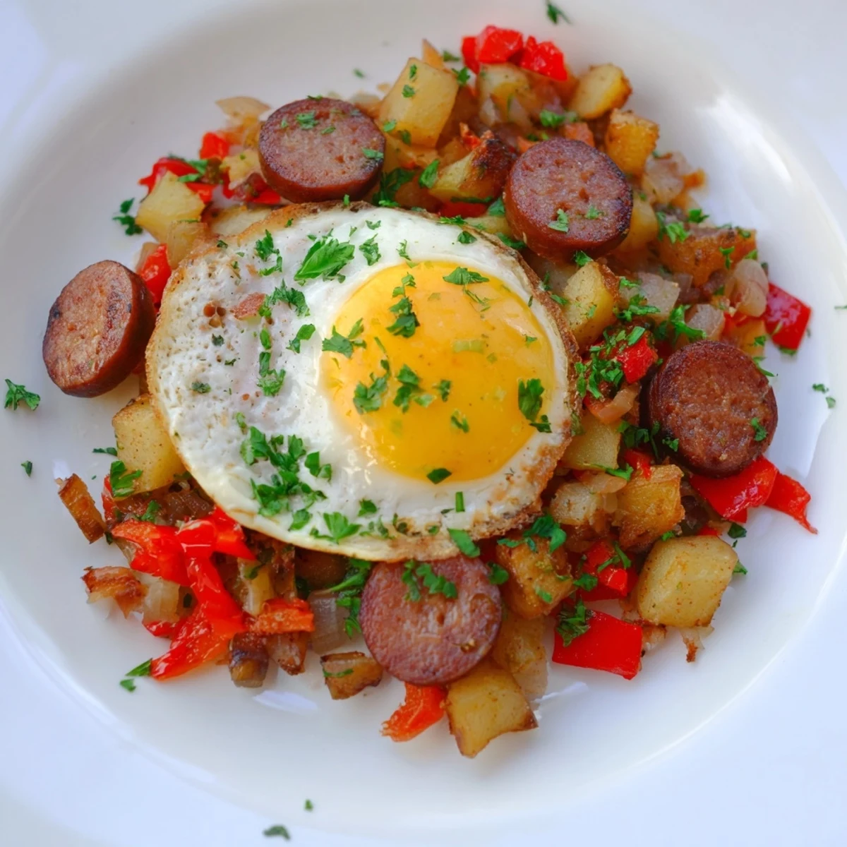 Golden-brown Egg & Potato Hash with hot dogs, a savory skillet meal perfect for breakfast.