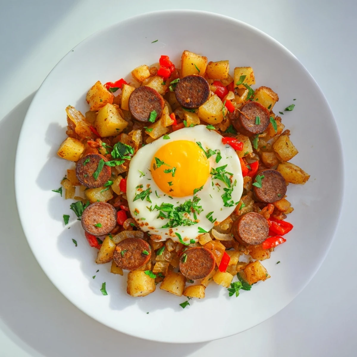 Enjoy the delicious Egg & Potato Hash featuring hot dogs, perfectly cooked eggs, and crispy potatoes ready to eat.