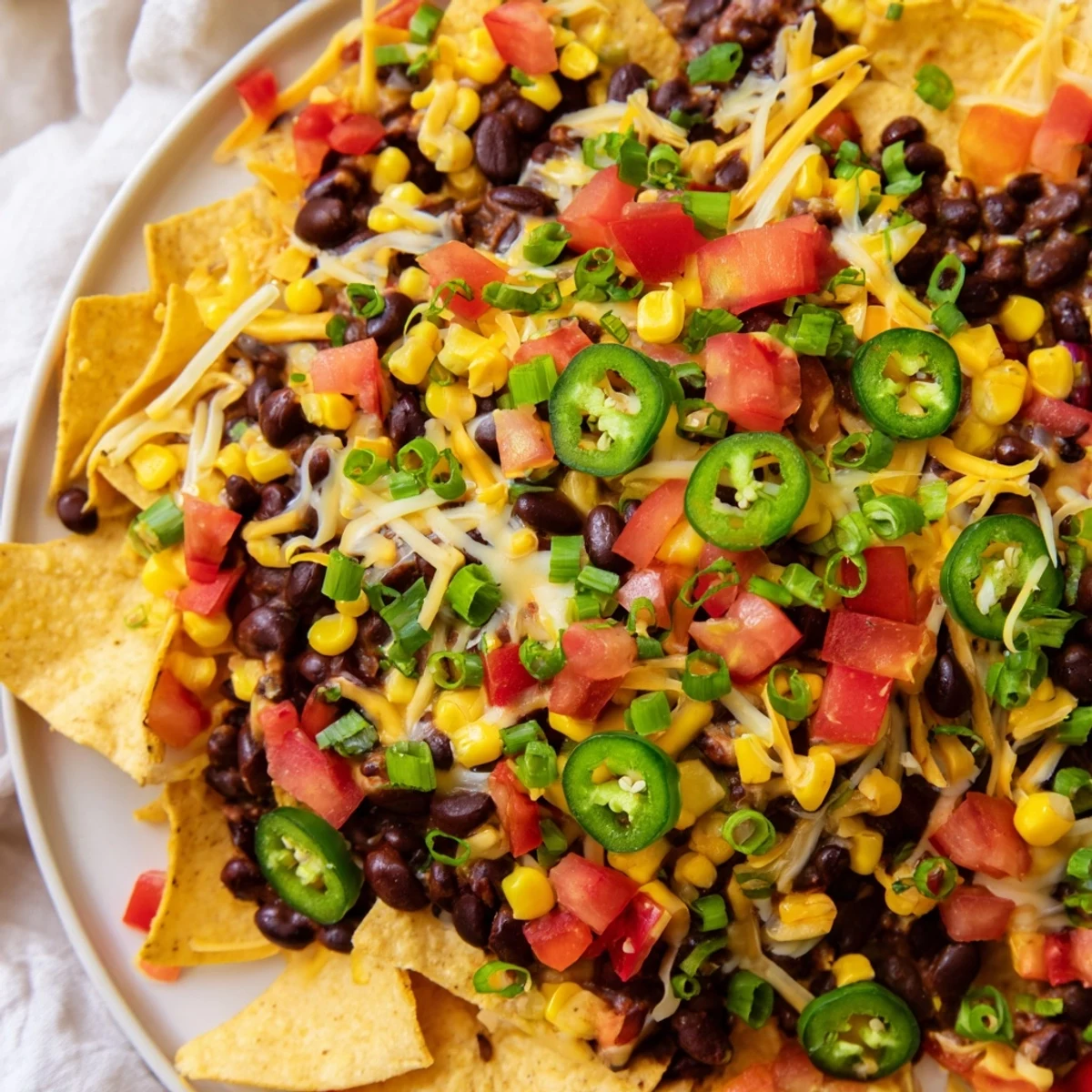 Sheet-pan nachos featuring melted cheese, vibrant vegetables, and flavorful beans overflowing on a baking sheet.