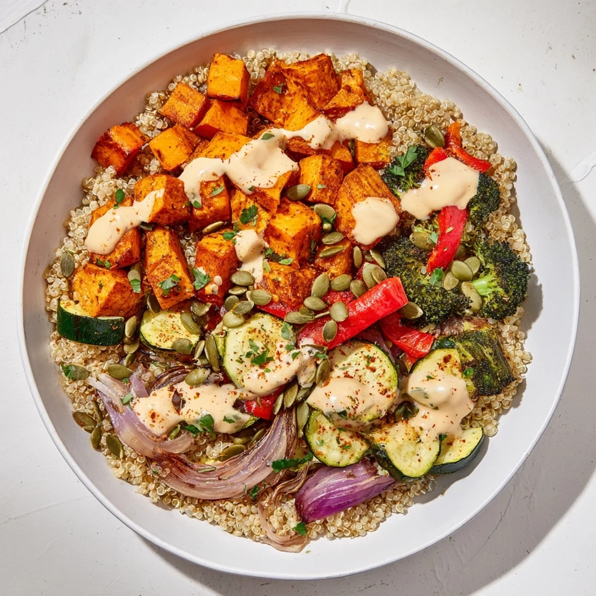 Hearty quinoa bowl showcasing tender, roasted veggies and creamy dressing, perfect for a filling vegan lunch.