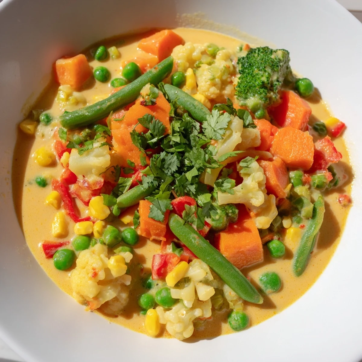 Steaming bowl of Veggie Coconut Curry, vibrant and aromatic, ready to serve with rice.