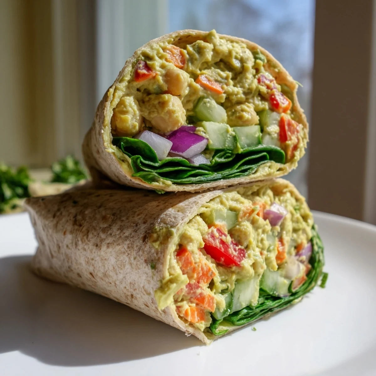 Golden chickpea salad wraps ready to eat, bursting with colorful veggies and creamy filling.