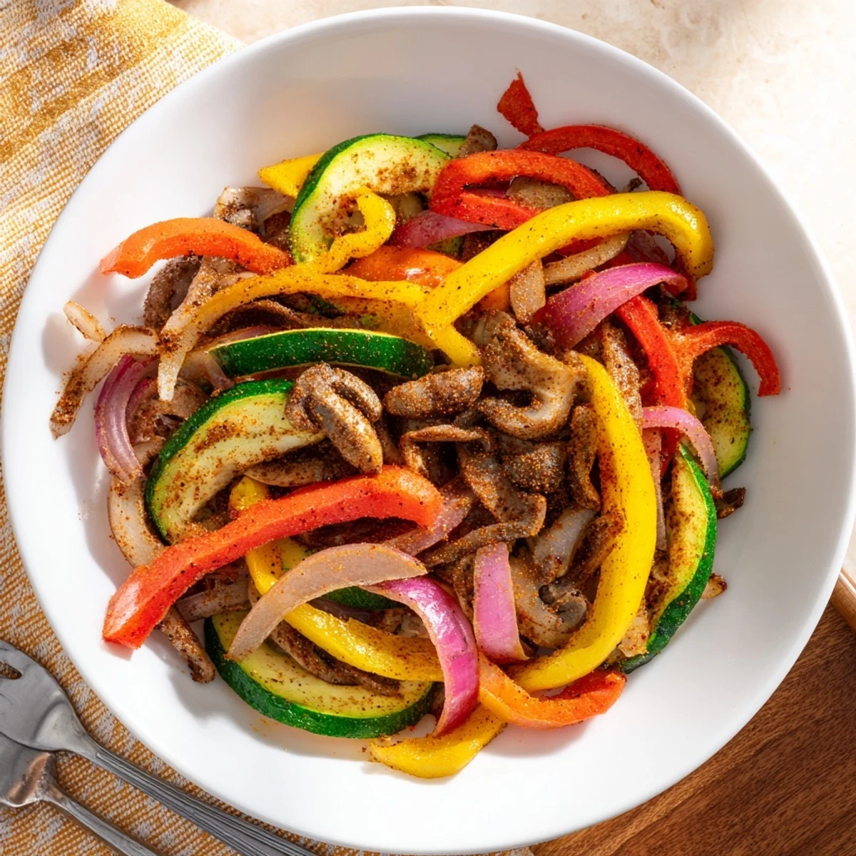 Vibrant veggie skillet fajitas, sizzling with colorful peppers, ready to be wrapped in a warm tortilla.