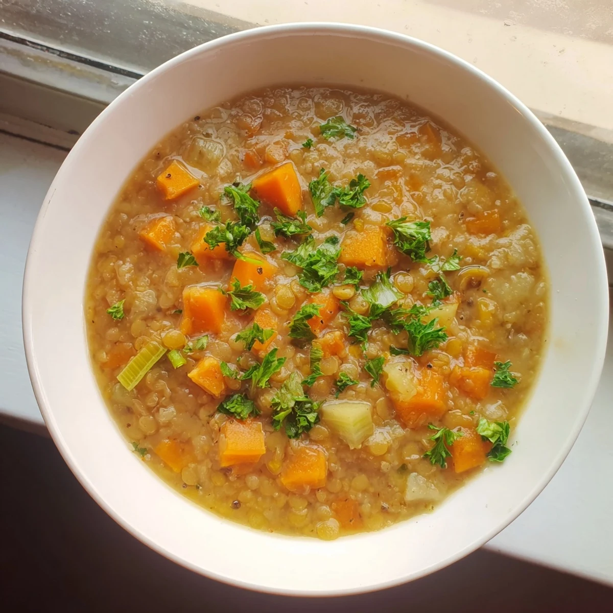 Steaming bowl of Lentil Soup with carrots and celery, garnished with fresh herbs, ready to serve.