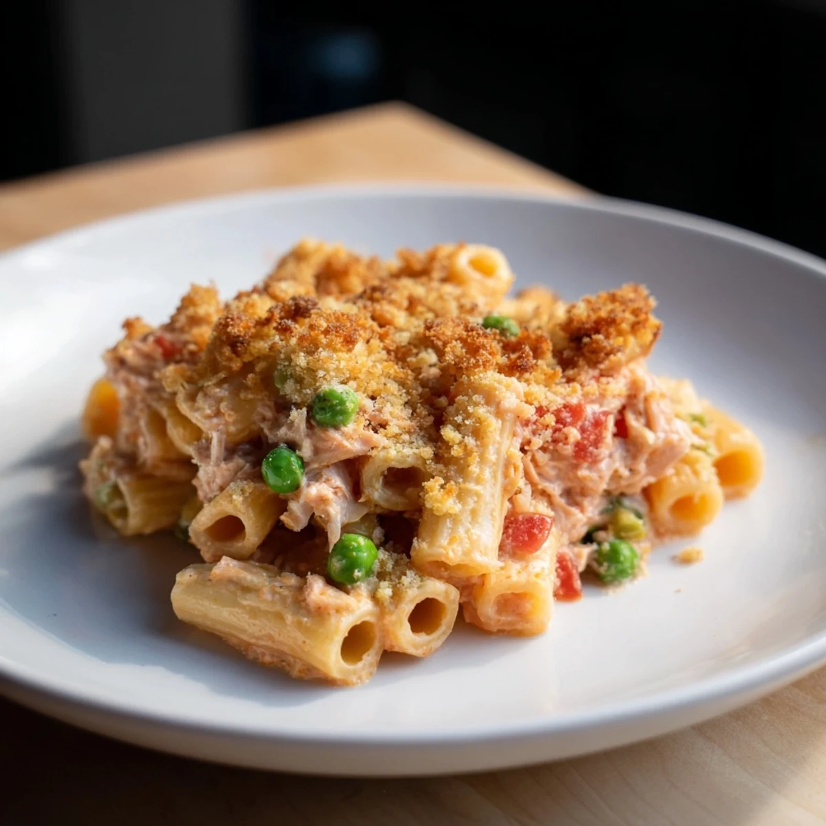 Golden Tuna Pasta Bake, bubbly with cheese and breadcrumbs, ready for a delicious dinner served.