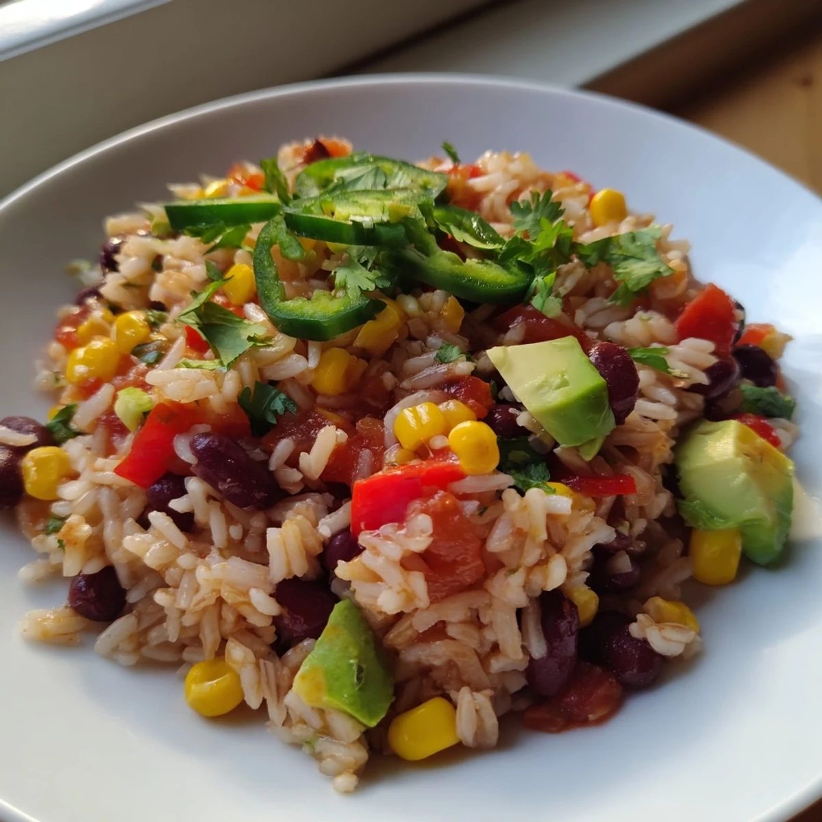 Steaming One-Pot Mexican Rice & Beans, boasting colorful bell peppers and black beans, is ready to eat.