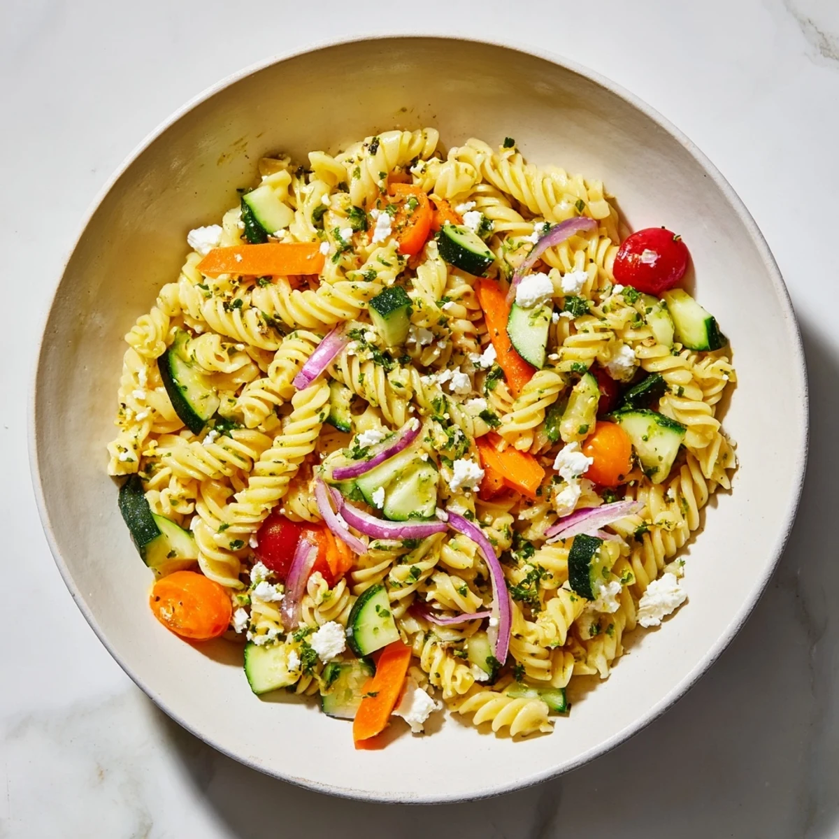 Pasta Salad with Seasonal Veggies drizzled with zesty dressing, colorful and ready to eat.