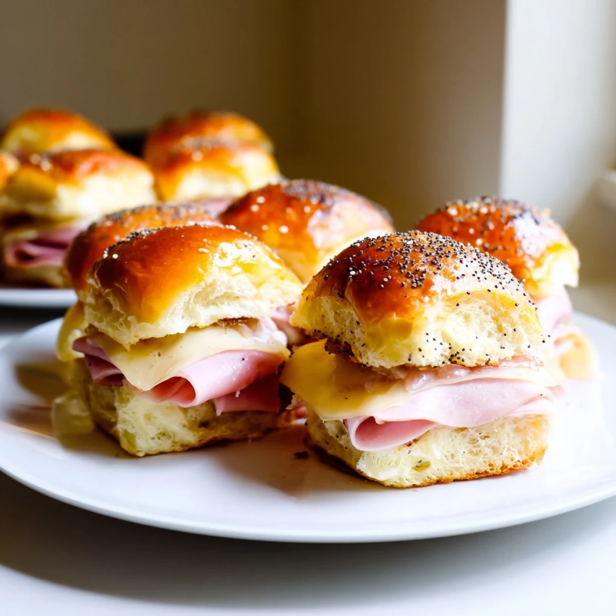 Savory Baked Ham and Cheese Party Sliders, with melted cheese and a hint of onion.