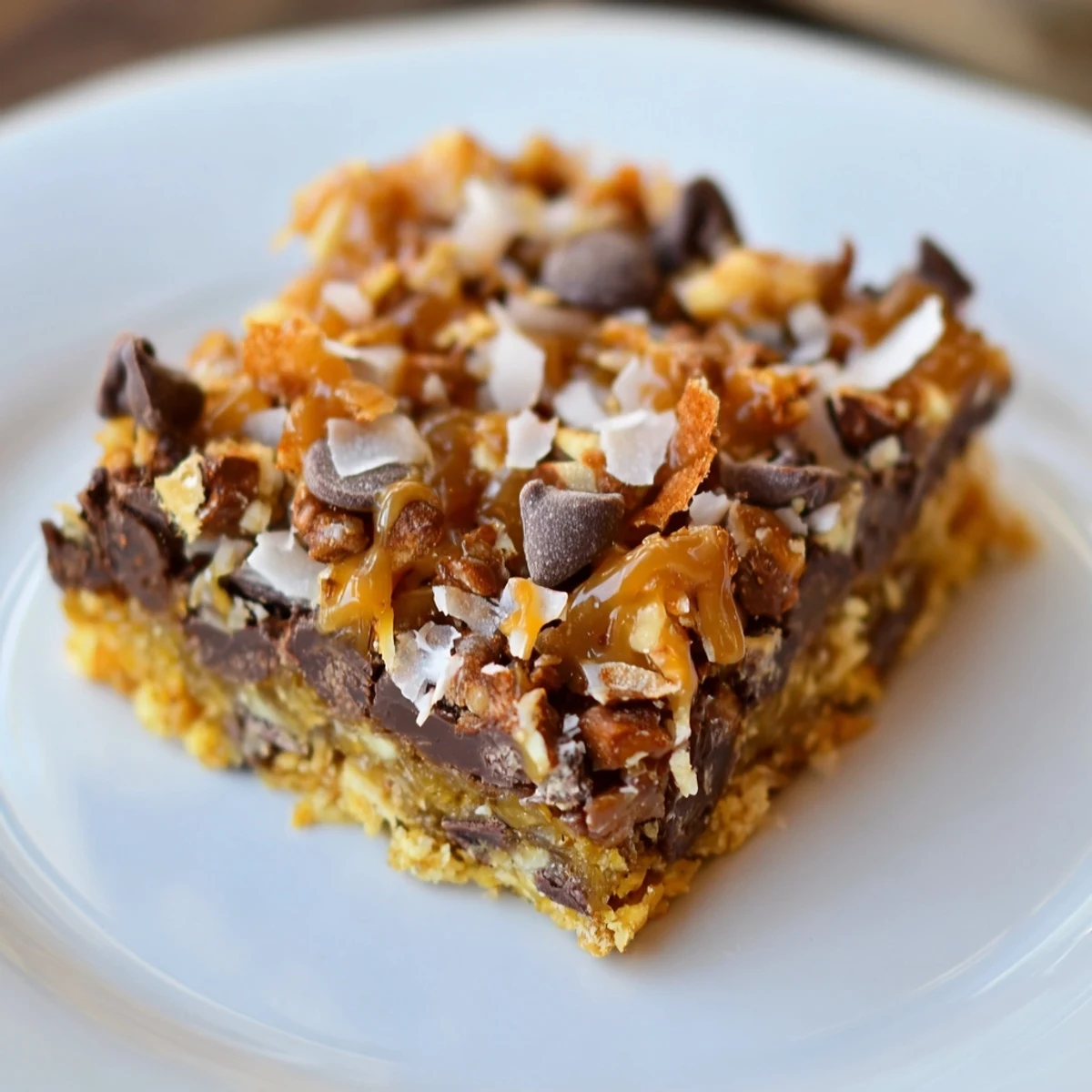 Warm, gooey 7-Layer Magic Bars with salted caramel drizzle, ready to savor a sweet bite.