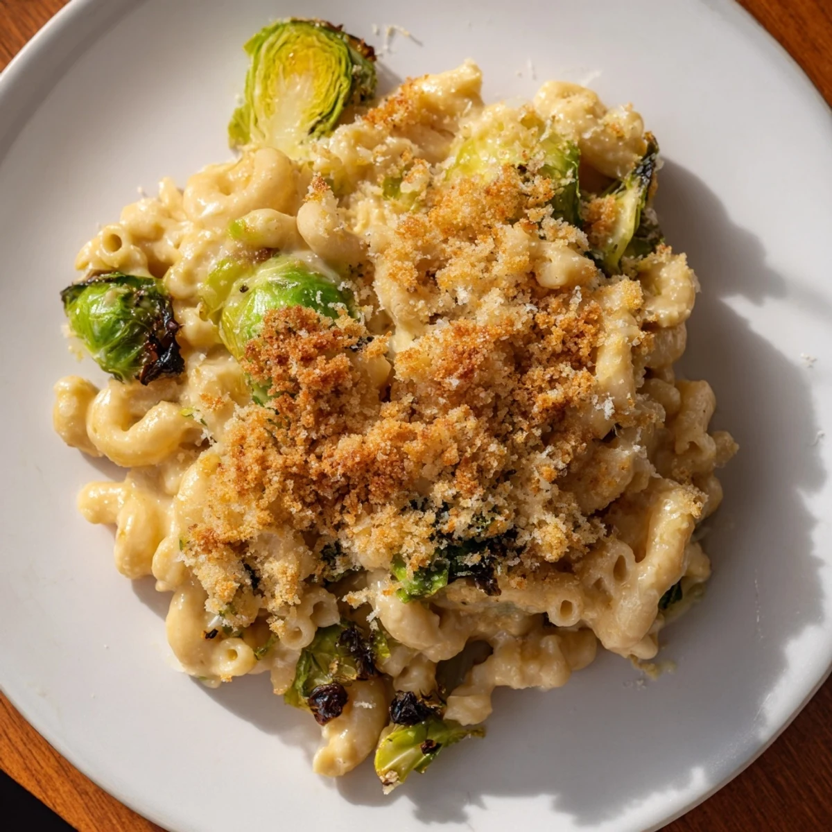 Sheet pan mac and cheese with Brussels sprouts, golden-brown and bubbling hot, ready to serve and enjoy.