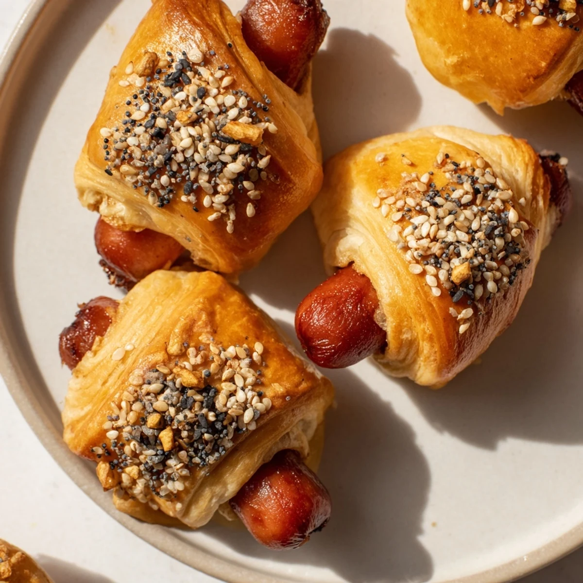 Golden, flaky Everything Bagel Pigs in a Blanket fresh from the oven, ready to enjoy.