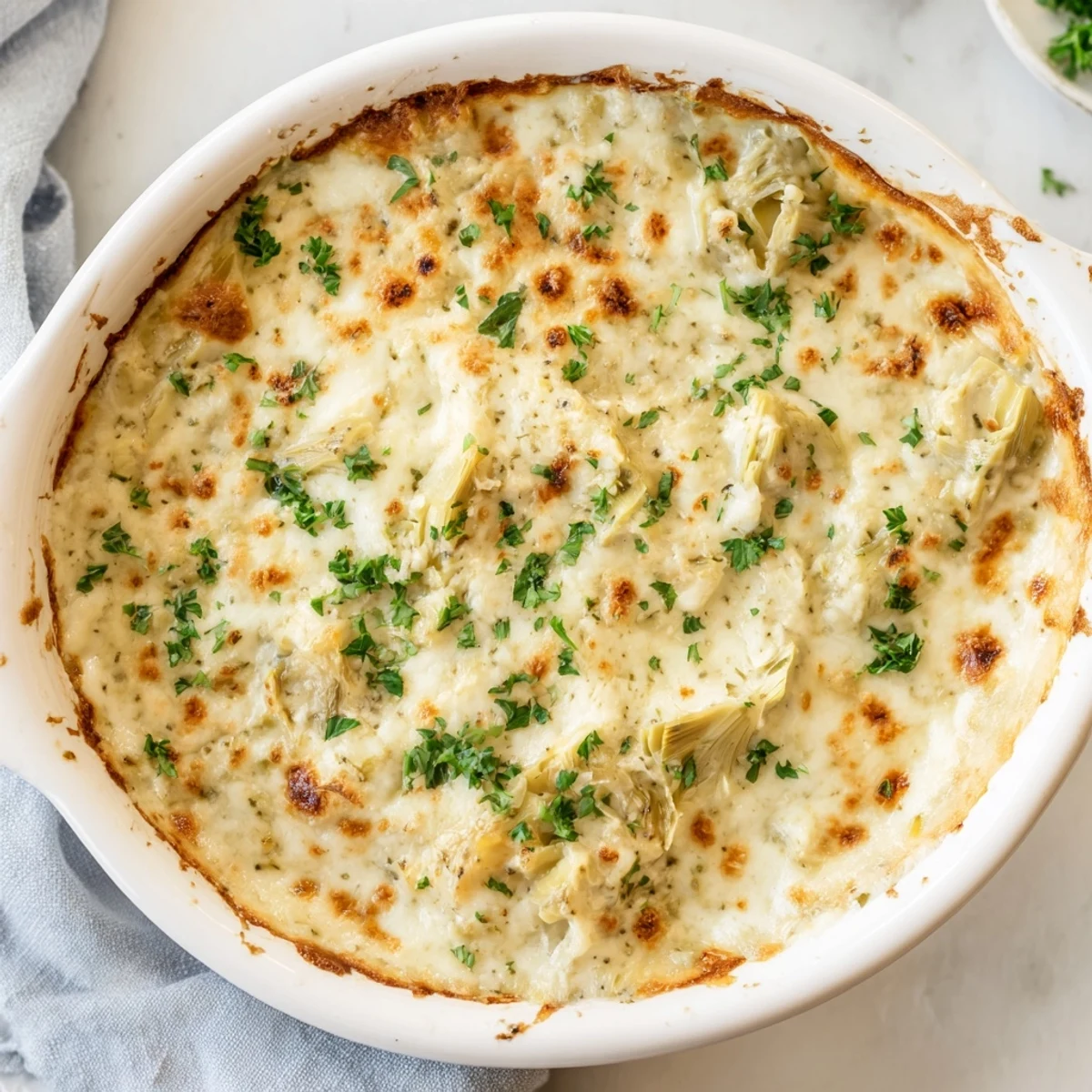 Warm baked artichoke dip bubbles, with golden cheese topping the creamy artichoke mixture.