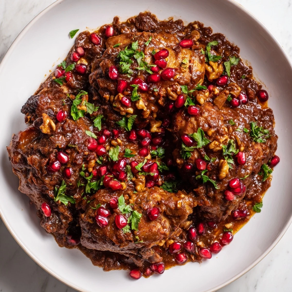 Tender chicken thighs in pomegranate walnut Fesenjan stew, a rich Persian main with sweet and tangy flavors.