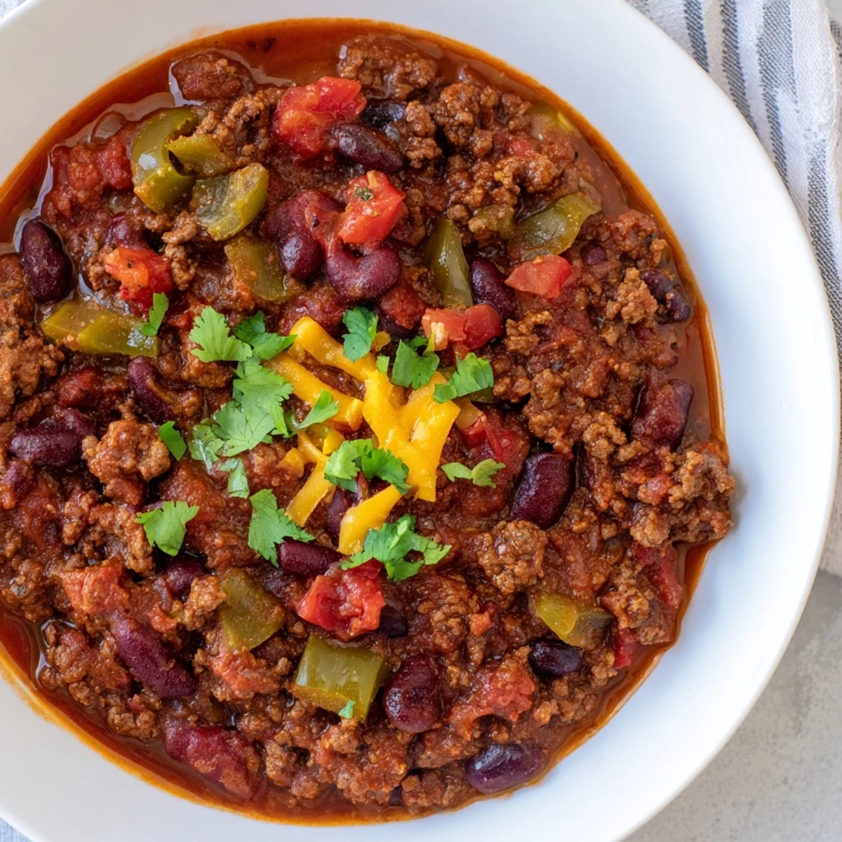 Steaming quick chili with canned beans and diced tomatoes, topped with fresh cilantro, ready to eat.