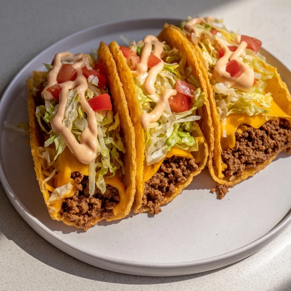 Enjoy a delicious Cheesy Gordita Crunch Taco: the crunchy shell hugs seasoned beef and creamy sauce in this meal.