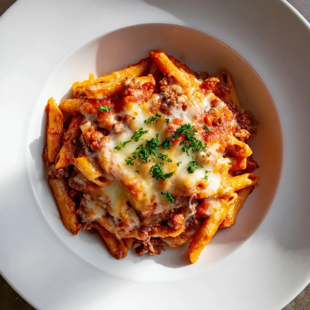 Golden, bubbly Budget Sausage and Cheese Pasta Bake with a rich tomato sauce and melted cheese topping.