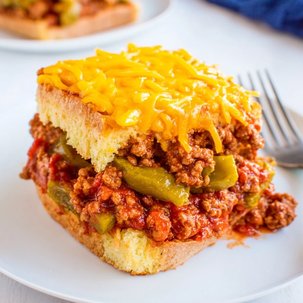 Warm, bubbly 5-Ingredient Sloppy Joe Casserole, topped with melted cheddar cheese for a hearty dinner.
