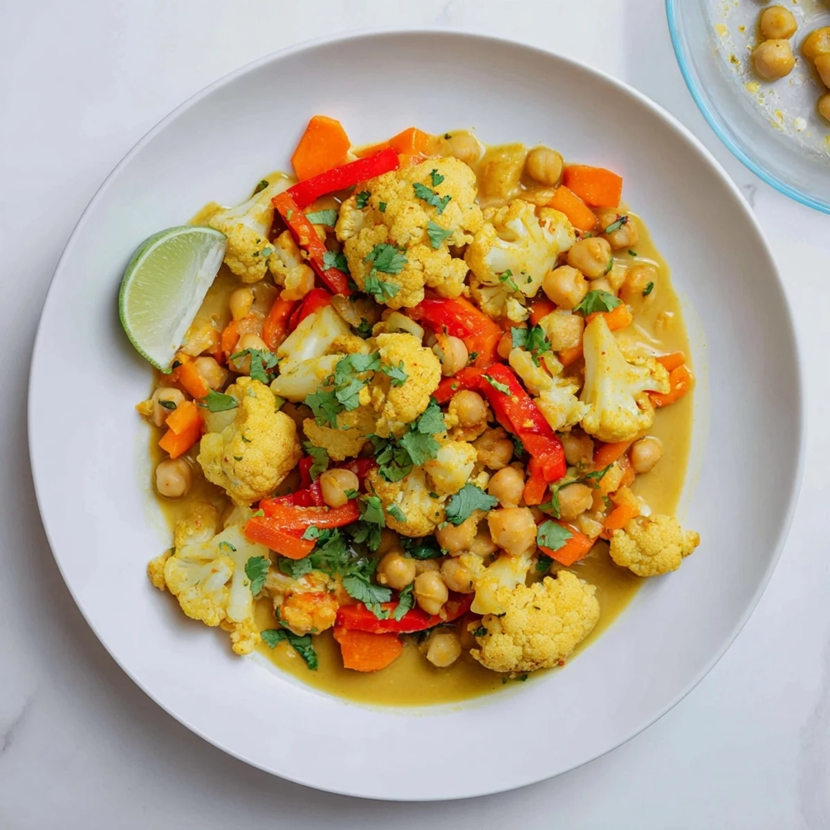 A warm bowl of curried cauliflower and chickpea coconut stew, garnished with fresh cilantro and lime.