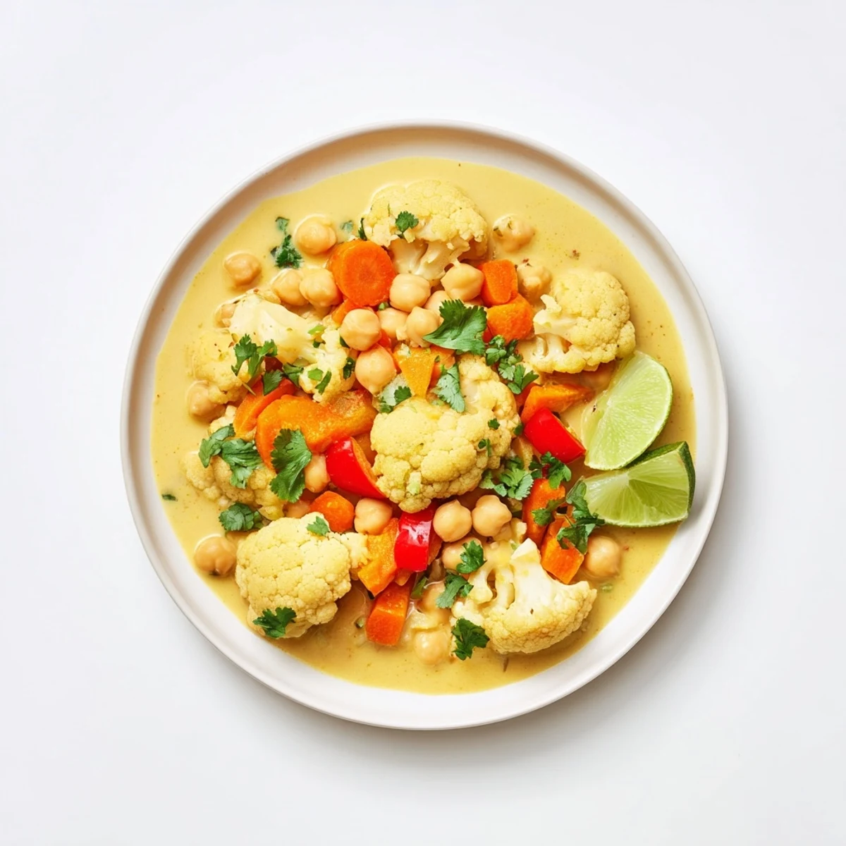 Close-up of a creamy curried cauliflower and chickpea coconut stew, bubbling gently and rich with spices.
