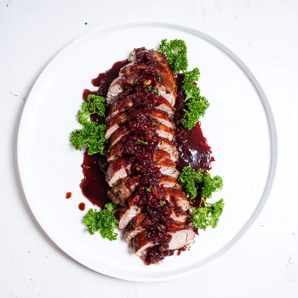 Tender, glazed Tart Cherry Date Pork Tenderloin, glistening from the oven, served with a rich, dark sauce.