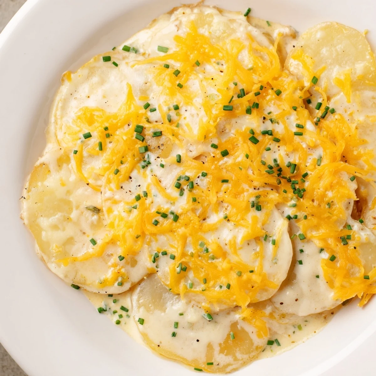 Freshly baked cheesy scalloped potatoes, visually enticing with a crisp, golden cheese topping and creamy texture.