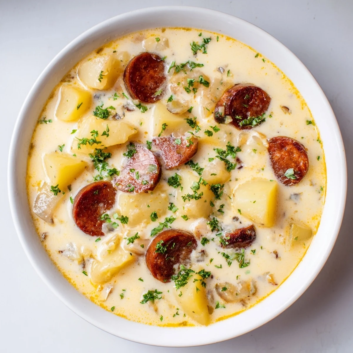A close-up view of the rich, flavorful Creamy Chorizo Potato Soup, served with a swirl of cream.