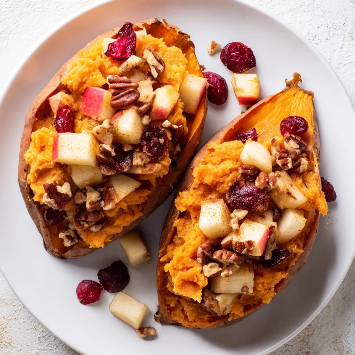 A close-up shot of the vibrant Cranberry Apple Twice-Baked Sweet Potatoes, a delicious vegetarian side.