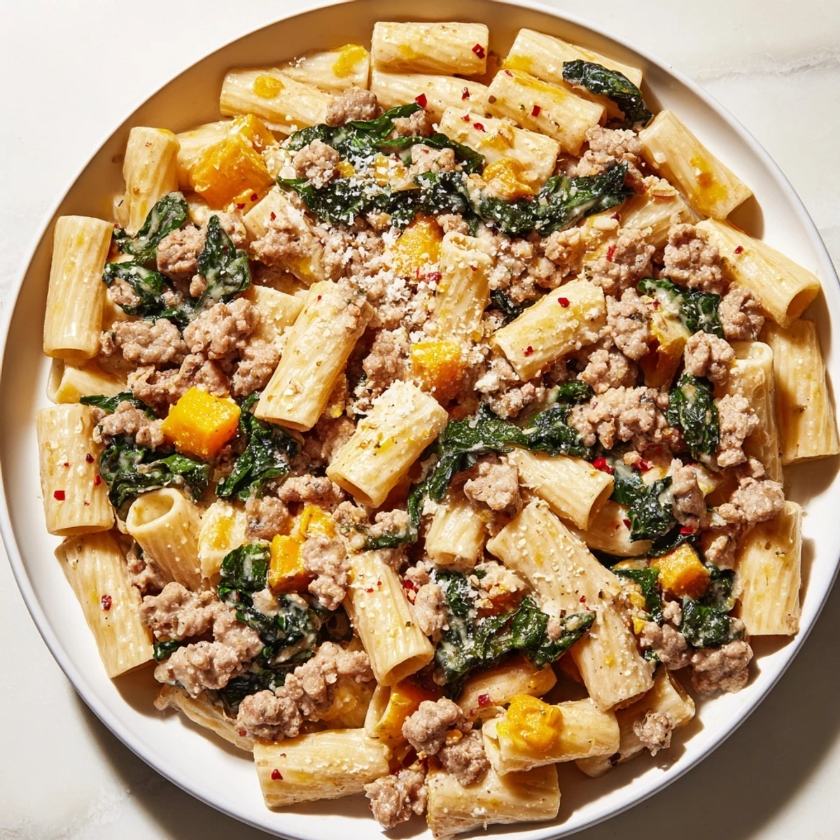 Creamy rigatoni with butternut squash glistens, the pasta coated in a rich, velvety sauce with parmesan.