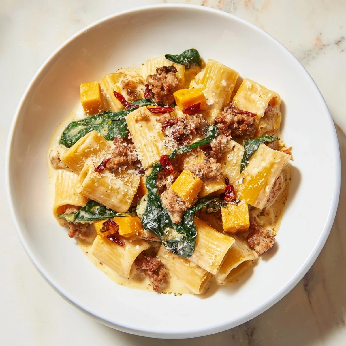 Bowl of luscious creamy rigatoni with butternut squash, topped with spicy Italian sausage and cheese.