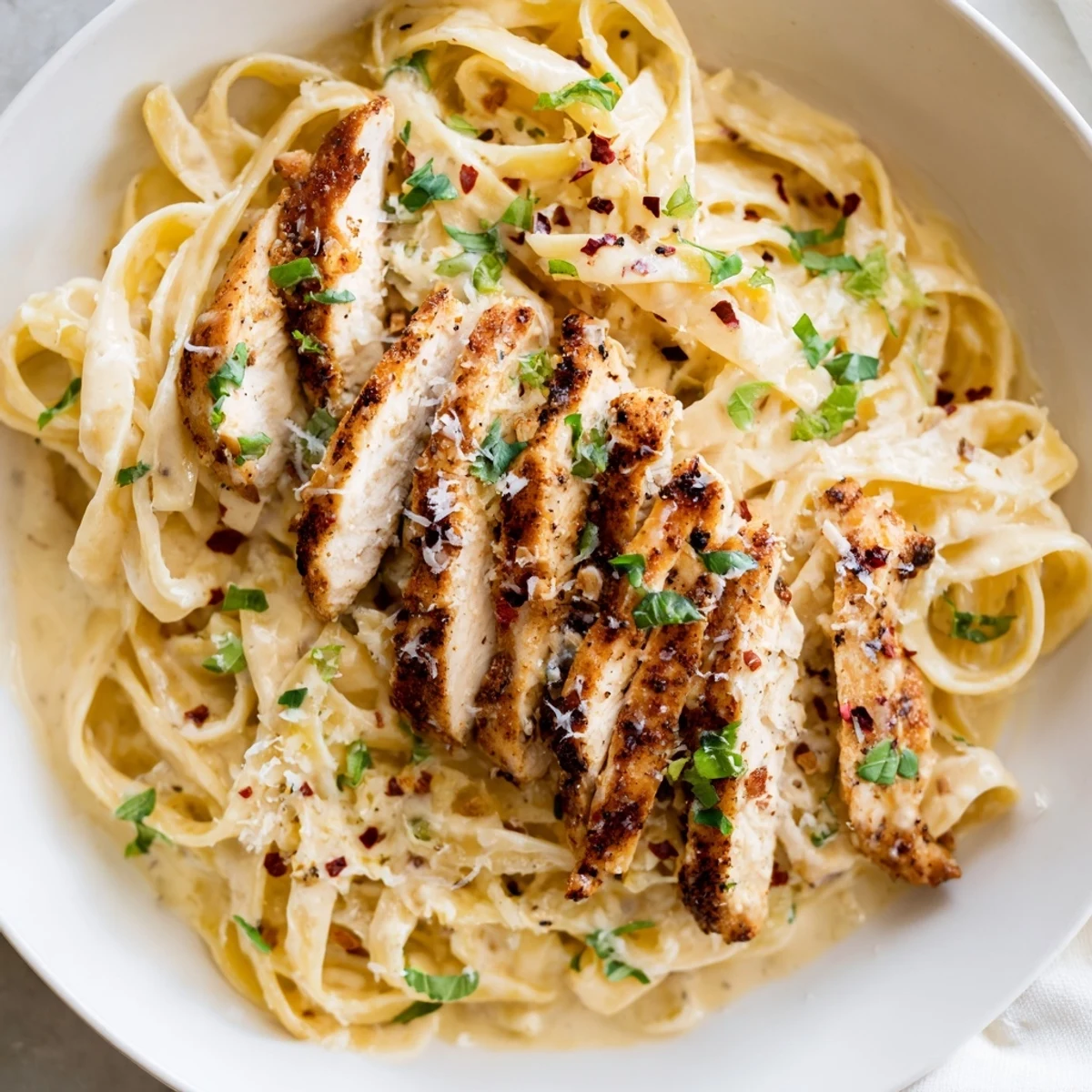 Golden, sliced Southern Style Creamy Parmesan Chicken Pasta rests in creamy sauce, hinting at rich flavors.