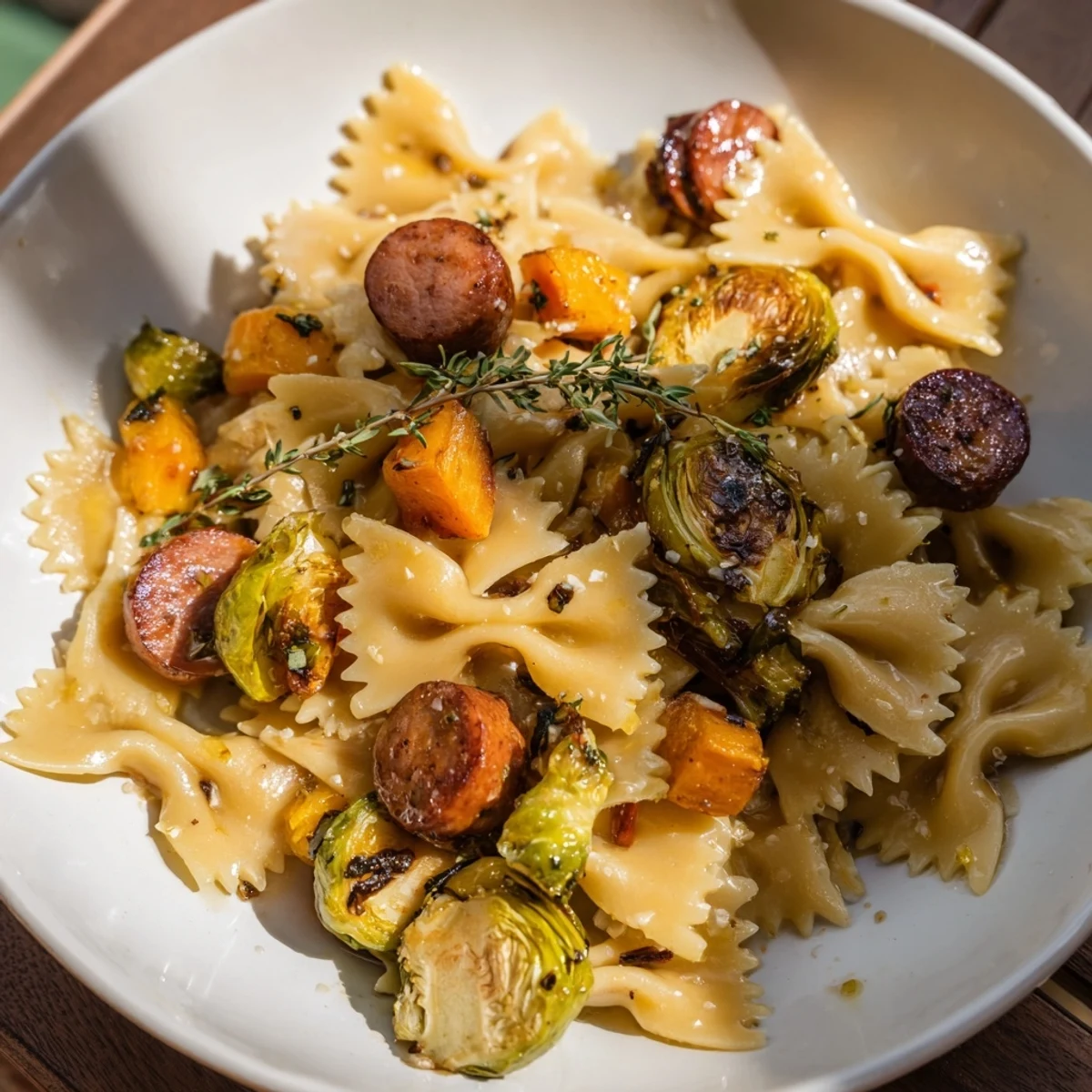 Close-up view of Autumn Sausage Pasta Squash, beautifully garnished and ready to serve for dinner.